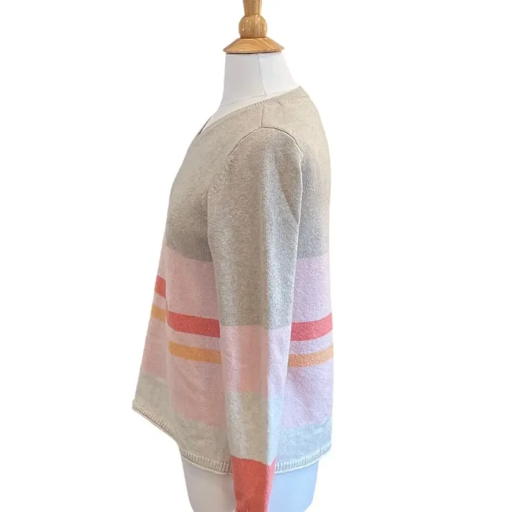J. Jill Tan, Pink, Striped Long Sleeve V-Neck Sweater, Coastal, Size XS
